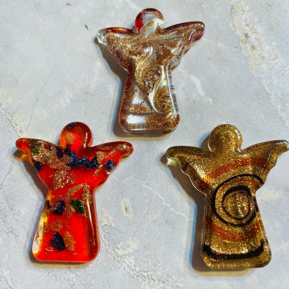 Set of Three Fused Glass Angels Pocket Tokens with Glitter Accents